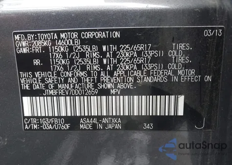 2013 Toyota Rav4 Le z USA, uszkodzony, nr VIN JTMBFREV7DD012659